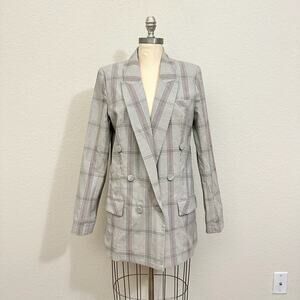 CABI Sleuth Blazer Gray Taupe Plaid Double Breasted Jacket Preppy
